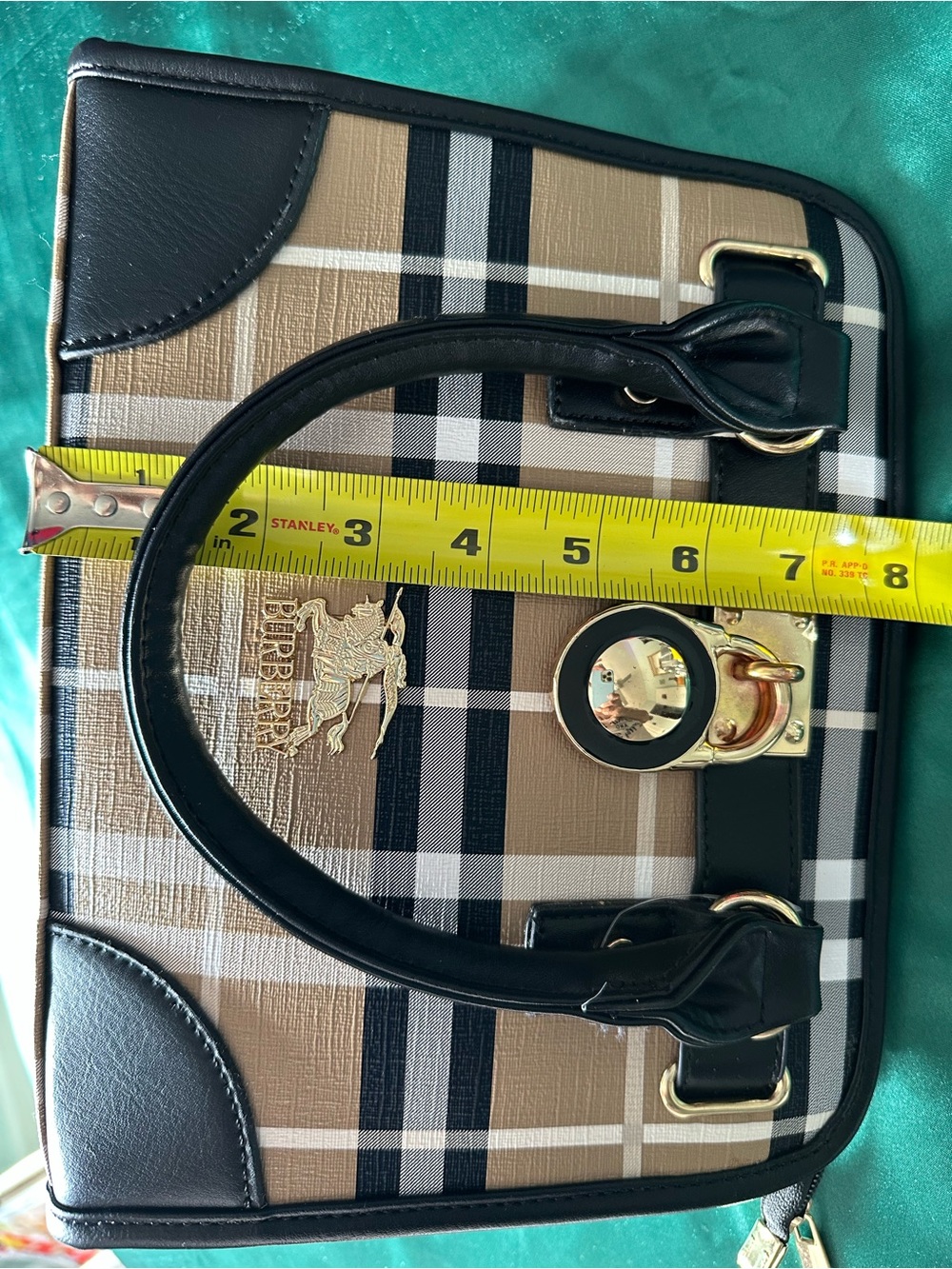Burberry Beige Plaid Satchel with Black Trim and Gold Hardware - Picture 8 of 9